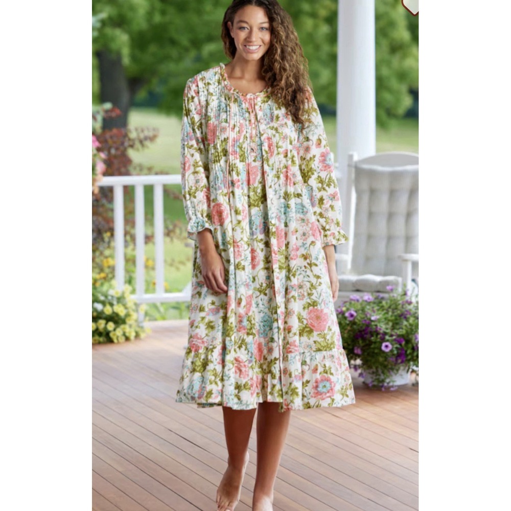 Ella Simone English Rose Floral Cotton Robe Dress Long Sleeves Cottagecore Small